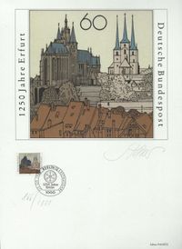 1250 Jahre Erfurt (60 Pf BRD Briefmarke), Michel-Nr.: Bund 1611, 07.05.1992 BRD 1250 Jahre Ehrfurt Dom, Serverikriche, H&auml;user der Altstadt - 50er Bogen, Martin Luther