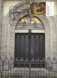 01.04.2017 Maximumkarte Portal Schlo&szlig;kirche zu Wittenberg 500 Jahre Reformation Erstagsstempel Wolfsburg 45 Cent Caranach Motiv