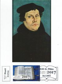 &Ouml;sterreich, Maximumkarte, 500 Jahre Reformation, Martin Luther, Bibel&uuml;bersetzung, Luther Briefmarken