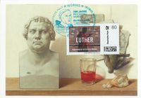 17. April 2017 Sonderstempel Worms 500 Jahre Luther vor Kaiser und Reich - Postkarte Tischreden mit Individualmarke Nibelungenfestspiele Luther 80 cent