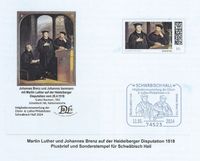 Aus Anlass der Mitgliederversammlung der Dürer- & Luther-Philatelisten gibt der Verein diesen Plusbrief und Sonderstempel heraus. Motiv: Martin Luther und Johannes Brenz