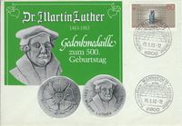 Europamarke 1983, Erfindung der Buchdruckerkunst, Werbeumschlag Gedenkm&uuml;nze 500 Jahre Martin Luther M&uuml;nze, Sonderstempel Mannheim, Luther Briefmarken