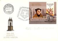 Magyar Posta, 12.08.1983, 500 Jahre Martin Luther, Maximumkarte, Ungarn, Luther Briefmarken, Martin Luther, Blocksatz