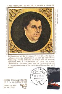 Nieuwenhuijzen, Kees (1933-2017), 11.10.1983 Niederlande, Maximumkarte 500. Geburtstag Martin Luther, Michel nr, 1240, Holland, Luther Briefmarken