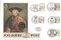 12.01.1990 Gemeinschaftsausgabe &quot;500 Jahre Post&quot;, eine bildgleiche Sondermarke mit Albrecht D&uuml;rer Kupferstich &quot;Kleiner Postreiter&quot;.
