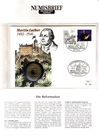 08.08.1992 BRD Numinsbrief 5 DM Martin Luther von 1983 und Luther Briefmarke von 1983 ( Michel 1193) Sonderstempel: Rodenberg