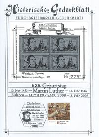 &quot;525 Geburtstag Martin Luther&quot; Historisches Gedenkblatt Eisleben, Luther Briefgmarken
