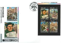 Sierra Leone, Reformation, Martin Luther, Papst Leo X, Luther Briefmarken, 27.02.2017 FDC Sierra Leone, MiNr. 8130-8133, Kleinbogen