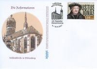 Briefmarke Justus Jonas, Umschlag Schlosskirche in Wittenberg, Luther Briefmarken