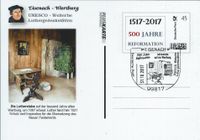 Lutherstube auf der Wartburg, 31.10.2017 Eisenach Stempelnummer 20/322, Wartburg, Lutherzimmer, Martin Luther, Eisenach, Luther Briefmarken