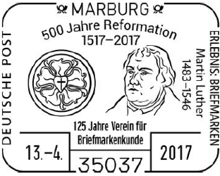 Marburg, Luther Briefmarken, Briefmarke 500 Jahre Reformation 1517 &ndash; 2017 / Martin Luther 1483 &ndash; 1546 125 Jahre Verein f&uuml;r Briefmarkenkunde, Motiv: Lutherrose, Martin Luther Stempel-Nr.: 06/061