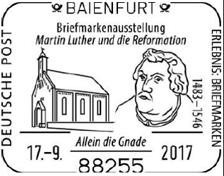 Baienfurt, Stempelnummer 17/255, Allein die Gnade, Evangelische Kirche Baienfurt, Portr&auml;t von Martin Luther, Luther Briefmarken, Martin Luther,
