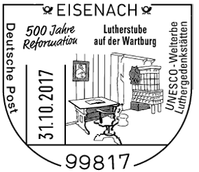 Lutherstube auf der Wartburg, 31.10.2017 Eisenach Stempelnummer 20/322, Wartburg, Lutherzimmer, Martin Luther, Eisenach, Luther Briefmarken