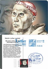 08.05.2021 Freistempel mit Datum 500 Jahre Wormser Edikt und Sonderstempel 17.04.2021 500 Jahre Luther vor Kaiser und Reich