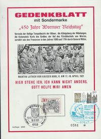 17. April 2017 Sonderstempel 500 Jahre Luther vor Kaiser und Reich - Bonn ETB 13.03.1971 - 90 Cent 2019 Dom_