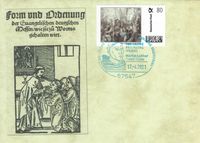 17. April 2017 Sonderstempel 500 Jahre Luther vor Kaiser und Reich - Gendenkumschlag Motiv Historische Darstellung mit 80 Cent Individualmarke Einzug Luther in Worms