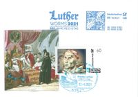 17. April 2017 Sonderstempel 500 Jahre Luther vor Kaiser und Reich - Gendenkumschlag Motiv Reichstag 1521 mit Sonderstempel Worms mit 60 Cent I-Marke Luther