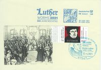 17. April 2017 Sonderstempel 500 Jahre Luther vor Kaiser und Reich - Gendenkumschlag Motiv Reichstag 1521 mit Sonderstempel Worms mit 70 Cent Marke Luther 2017
