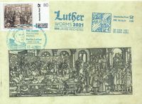 17. April 2017 Sonderstempel 500 Jahre Luther vor Kaiser und Reich - Gendenkumschlag Motiv Reichstag 1521 mit Sonderstempel Worms mit 80 Cent I-RT Luther___