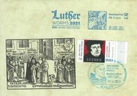 17. April 2017 Sonderstempel 500 Jahre Luther vor Kaiser und Reich - Gendenkumschlag Motiv historische Darstellung mit Sonderstempel Worms mit 70 Cent Luther 2017