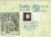 17. April 2017 Sonderstempel 500 Jahre Luther vor Kaiser und Reich - Gendenkumschlag Motiv historische Darstellung mit Sonderstempel Worms mit 70 Cent Luther 2017_