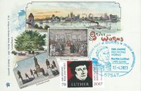 17. April 2017 Sonderstempel 500 Jahre Luther vor Kaiser und Reich - Maximumkarte Historische PK Gru&szlig; aus Worms mit 70 Cent Luther 2017