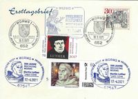 Stempel-Nr. 15/055, Nibelungenfestspiele Worms, Sonderstempel Nibelungenfestspiele, Worms 1521, Worms 2021, Sonderstempelplatte Worms Luther, Luther Briefmarken, Martin Luther King, G&ouml;bbels, Luthers Schatten