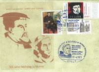 17. April 2017 Sonderstempel Worms 500 Jahre Luther vor Kaiser und Reich - 70 Cent Luther 2017 - 90 Cent Wormser Dom - 70 Cent KarlV, Luther Briefmarken