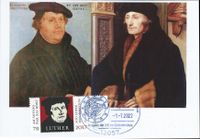 Martin Luther Briefmarke, Ausgabe der 2-Euro-Gedenkm&uuml;nze &bdquo;35 Jahre Erasmus-Programm&ldquo; OVALSTEMPEL Abbildung 2-Euro-Gedenkm&uuml;nze Erasmus- Programm Stempelnummer: 13/071