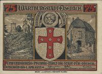 1921 Notgeld WARTBURGSTADT EISENACH IN TH&Uuml;RINGEN 25, 50 + 75 PFENNIGE - R&uuml;ckseite