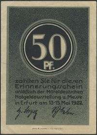 Notgeld 50 Pfg. Notgeldausstellung Erfurt 1922
