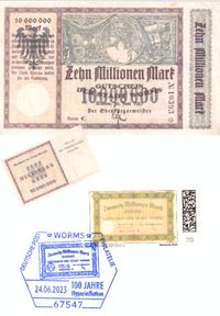 Postkarte 2: Notgeldschein Worms 1923, Hyperinflation Worms 1923, Hyperinflation Worms, Notgeldschein Worms Reformationsdenkmal / Lutherdenkmal
