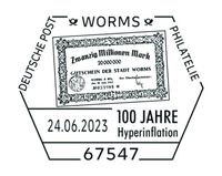 100 Jahre Hyperinflation, Sonderstempel Worms - RAUTENSTEMPEL, Stempel-Nr.12/88