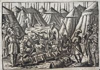 Attilla will sich selbst verbrennen / Schlacht auf den Katalaunischen Feldern. Original-Kupferstich aus dem Imhofschen “Bildersaal”, Nürnberg 1740