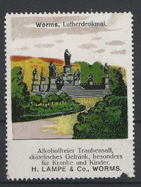 Vignette Worms Reformationsdenkmal, Lutherdenkmal Worms, H. Lampe &amp; Co Worms, Alkoholfreier Traubensaft, Reklamemarken